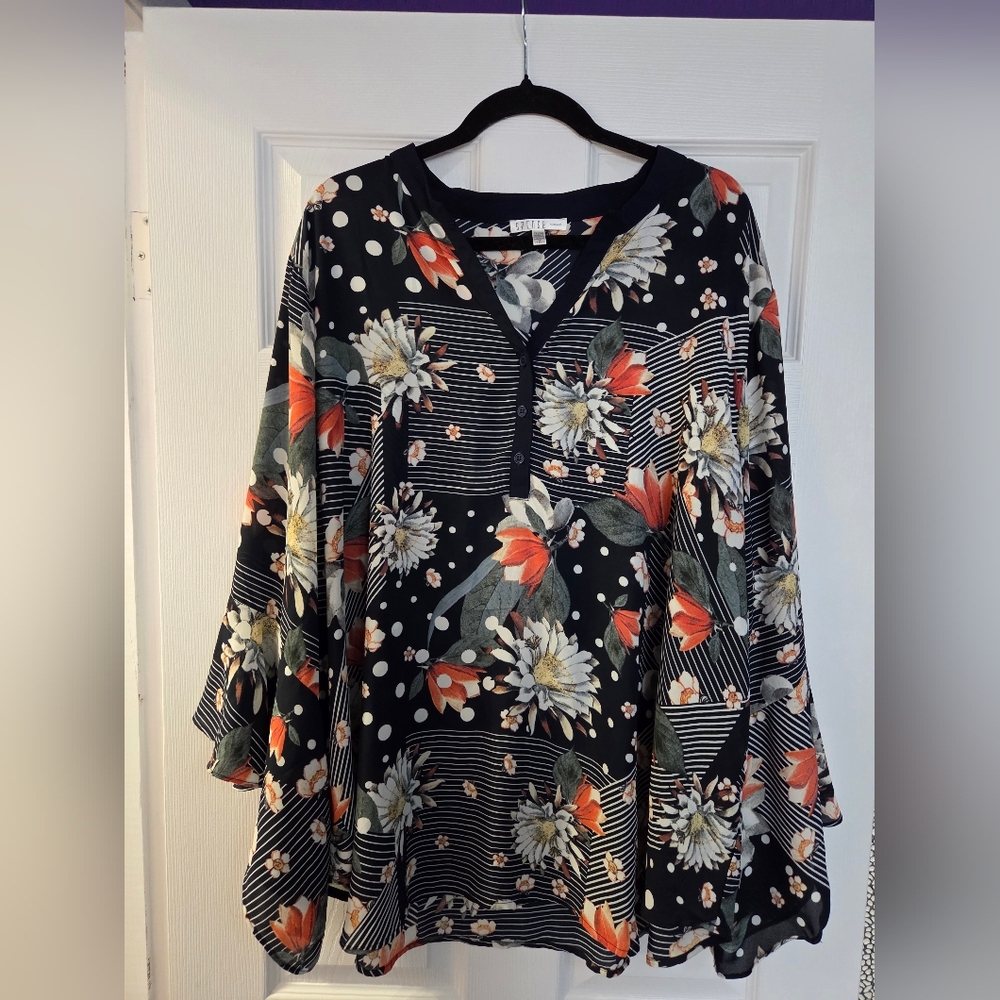 Spense Black Floral V-Neck Blouse with Orange & Cream Blooms